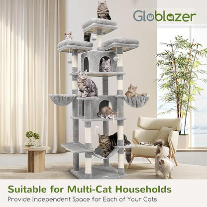 Globlazer Big Cat Tower for Indoor Cats, 80inch Cat Tower for Multiple Adult Cats XXL Cat Tree with Scratching Post, Hammock, 3 Perches, 2 Condos, 2 Hanging Basket, F80, Light Grey