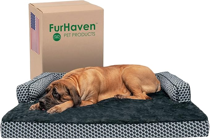 Furhaven Orthopedic Dog Bed for Large Dogs w/ Removable Bolsters & Washable Cover, For Dogs Up to 125 lbs - Plush & Woven Decor Comfy Couch Sofa - Diamond Gray, Jumbo Plus/XXL