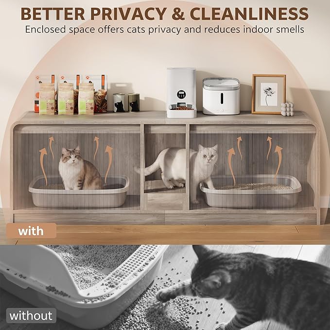 Cat Litter Box Enclosure with Litter Collector, 59'' Double Litter Box Enclosure for 2 Cats, Hidden Litter Box Furniture for Indoor Cats Large Adult, Cat House, Side Table, TV Stand, Grey
