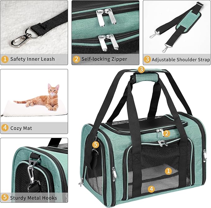 Soft-Sided Cat/Dog/Pet Carrier, Collapsible Pets Travel Carriers for Big Cats/Small Dogs with Shoulder Strap & Removable Mat, Mesh Puppy Carry Bag, Up to 16 Lbs, TSA Airline Approved(Turquoise)