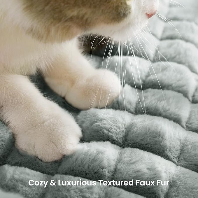 Cute Cat Couch Bed – Supportive & Fluffy Pet Sofa with Faux Rabbit Fur Washable Cover in 3D Diamond Pattern, 24" Grey