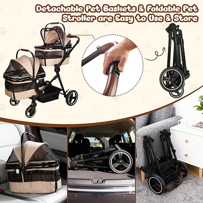 Foldable Double Pet Stroller for 2 Small Medium Cats Dogs, Lightweight Single and Double Integrated Pet Stroller with Detachable Carriers