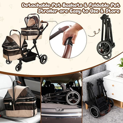 Foldable Double Pet Stroller for 2 Small Medium Cats Dogs, Lightweight Single and Double Integrated Pet Stroller with Detachable Carriers
