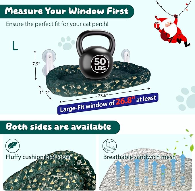 L&W BROS. 2-Pack Foldable Cat Window Perches with Christmas Cushion Bed – Easy to Assemble Cats Hammock for Window, Warm Indoor Cat Beds for Large Cats, Edition(M 2Pc)