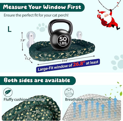 L&W BROS. 2-Pack Foldable Cat Window Perches with Christmas Cushion Bed – Easy to Assemble Cats Hammock for Window, Warm Indoor Cat Beds for Large Cats, Edition(M 2Pc)
