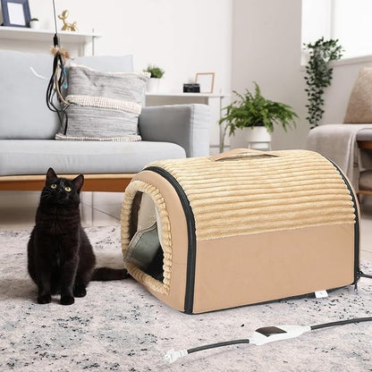 Smart Heated Cat Bed Cave Pet House for Indoor Cats & Small Dogs, Washable & Foldable with Removable Cushion, 17.72x14.96x12.6 inches, Brown