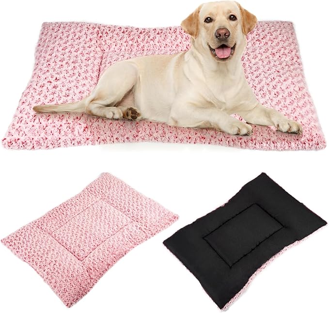 Washable Dog Bed Mat Deluxe Plush Reversible Pet Crate Pad Comfy Pet Kennel Beds Dog Sleeping Mat for Large Jumbo Medium Small Dogs, 29'' x 18'', Pink