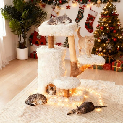 35-Inch Multi-Level Cat Tree with Durable Sisal-Wrapped Posts, Dual Enclosed Condos, Cushioned Perches, and Removable Plush Cover,White