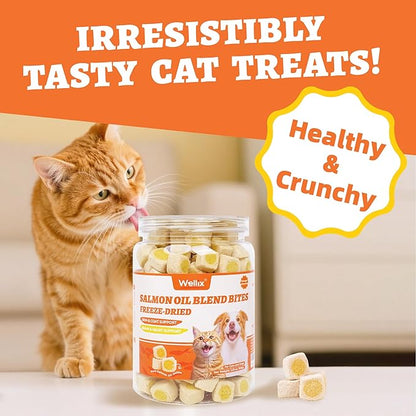 Wellix Salmon Oil Freeze Dried Treats for Cats&Dogs - Skin&Coat Chews with Taurine,Omega 3 for Cat - Crunchy Healthy Snacks for Indoor Training - Chicken&Fish Oil Flavor 3.53oz