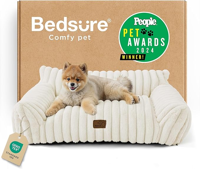 Bedsure Cute Cat Couch for Pets - Fluffy Dog Bed Small Medium Size Dog with Premium Soft Corduroy Fleece, Pet Sofa with Removable Washable Cover, Supportive Couch Bed for Small Dogs, 30inch, Cream