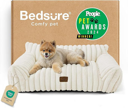 Bedsure Cute Cat Couch for Pets - Fluffy Dog Bed Small Medium Size Dog with Premium Soft Corduroy Fleece, Pet Sofa with Removable Washable Cover, Supportive Couch Bed for Small Dogs, 30inch, Cream
