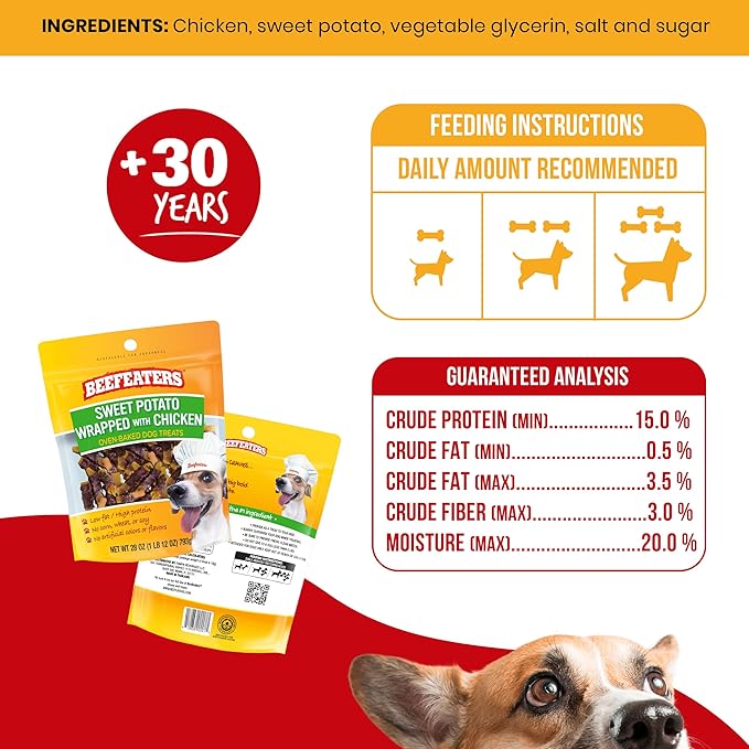 Beefeaters Sweet Potato Wrap with Chicken – Dog Treat. No Corn, Wheat, Soy or Gluten, Low Fat, Whole Muscle Jerky, Ideal for Training & Snacks