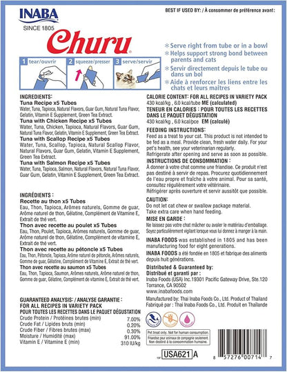 INABA Churu Cat Treats, Lickable, Squeezable Creamy Purée Cat Treat with Green Tea Extract & Taurine, 0.5 Ounces Each Tube, 20 Tubes, Tuna Variety