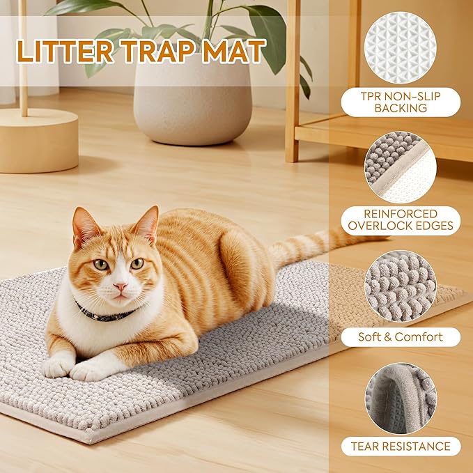 Pieviev Chenille Cat Litter Mat for Litter Box, 36"x30" Soft Ultra Absorbent Mat, Waterproof & Non-Slip, Easy to Clean Litter Trapping Mat for Indoor Cats, Grey