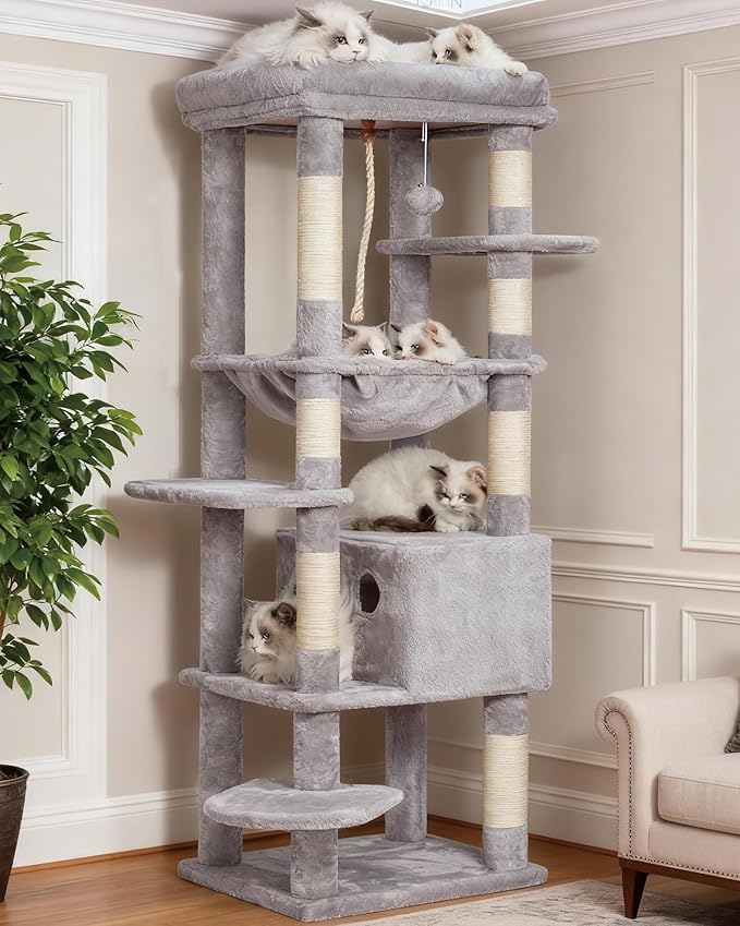 Heybly Cat Tree for Large Cats 20lbs Heavy Duty,60 inches XXL Cat Tower for Indoor Cats, Multi-Level Furniture Condo with Big Padded Plush Perch, Cozy Basket, Light Gray HCT050W