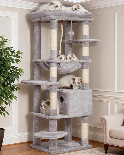 Heybly Cat Tree for Large Cats 20lbs Heavy Duty,60 inches XXL Cat Tower for Indoor Cats, Multi-Level Furniture Condo with Big Padded Plush Perch, Cozy Basket, Light Gray HCT050W