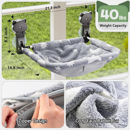 Cat Window Perch Cordless, Glow in The Dark & Stable Cat Beds- Breathable Window Hammock for Overlooking, Sunbathing and Climbing - Maximum Hold Up to 40lb(Grey)