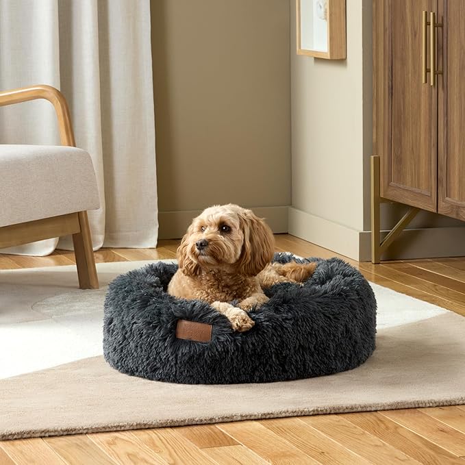 Town & Country Luxe CuddleTown Fuzzy Solid Donut Pet Bed, Soft, Cozy & Calming, Non-Slip Bottom, 100% Machine Washable, Cream, Small 24"x24"x7" Round