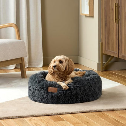 Town & Country Luxe CuddleTown Fuzzy Solid Donut Pet Bed, Soft, Cozy & Calming, Non-Slip Bottom, 100% Machine Washable, Cream, Small 24"x24"x7" Round