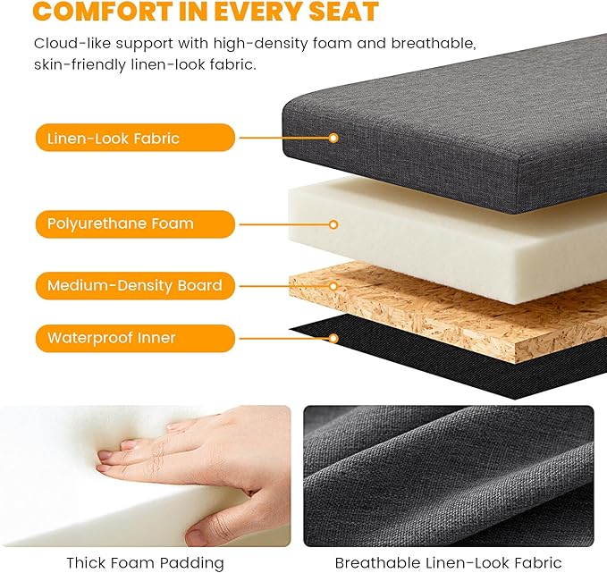 3-in-1 Cat Litter Box Enclosure with Odor Control, Multi-Functional Hidden Litter Box Furniture Bench, Dog Proof, Space-Saving Ottoman Cabinet with Flip-Up Lid, Storage Footrest, Dark Grey