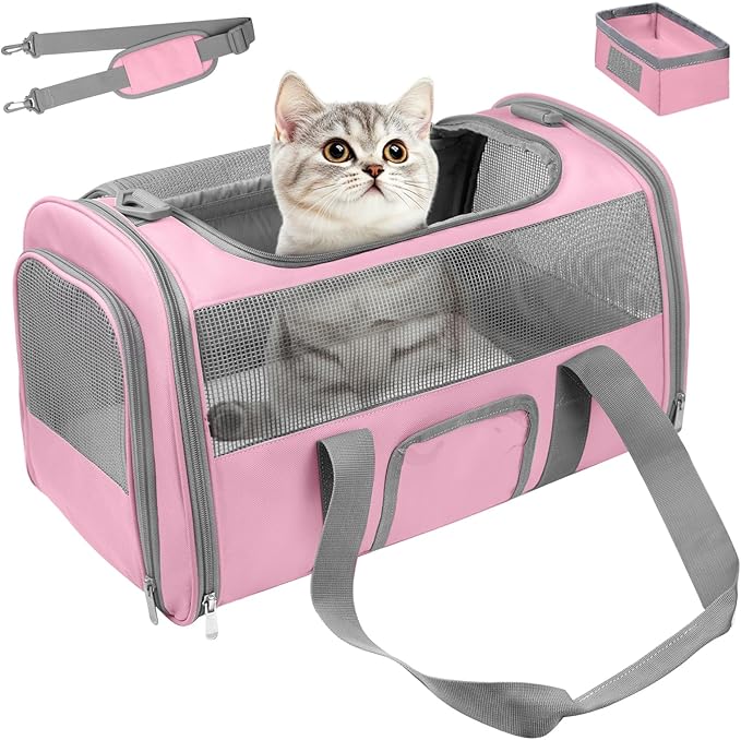 Soft Side Cat Carrier Airline Approved for Puppy Kitten Dog Carriers for Small Medium Cats Under 15lb, Collapsible TSA Approved Travel Pet Carrier, Pink with Grey
