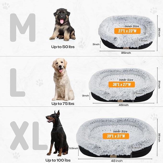 Fluffy Orthopedic Dog Bed for Extra Large & Jumbo Dogs, Calming Plush Sofa Bed with Curved Bolster Support, 48" Cozy Oval Pet Donut Bed with Washable Cover, Gray