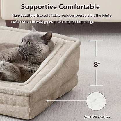 Cat Couch for Pets, Washable Cat Beds for Indoor Cats, Super Soft Plush Supportive Dog Couch Bed for Puppy and Kitten with Anti-Slip Bottom, 24inch, Beige