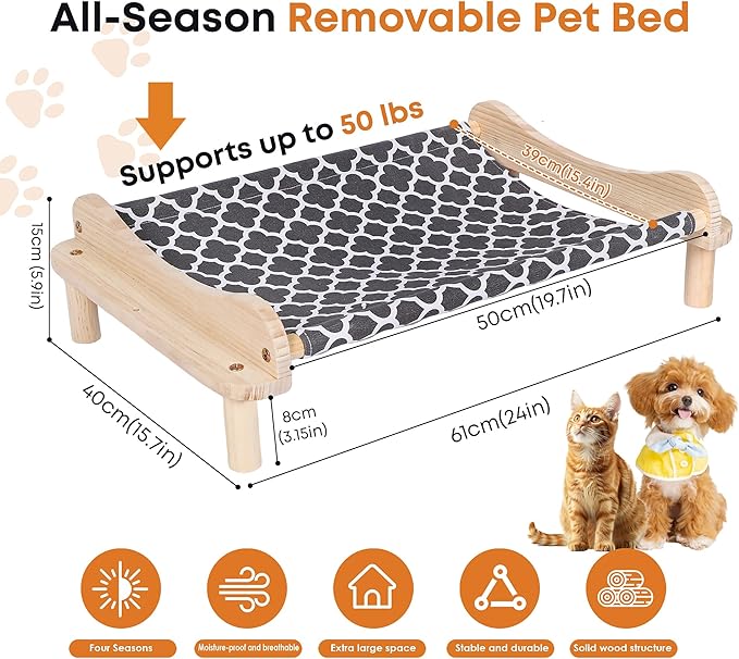 Elevated Wooden Cat Bed – 24"x15.7"x5.9" Breathable Hammock Pet Bed for Indoor/Outdoor Use, Raised Dog Lounger for Small Pets Like Kittens, Puppies, Rabbits, and Bunnies (Grey-1)