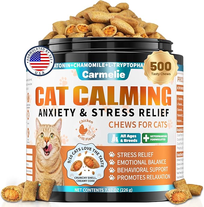 Cat Calming Treats, 500 Crunchy & Creamy Calming Cat Treats with Melatonin, Chamomile for Cats Stress and Anxiety Relief - Travel, Boarding, Vet Visits, Separation Anxiety, Chicken and Krill Flavored