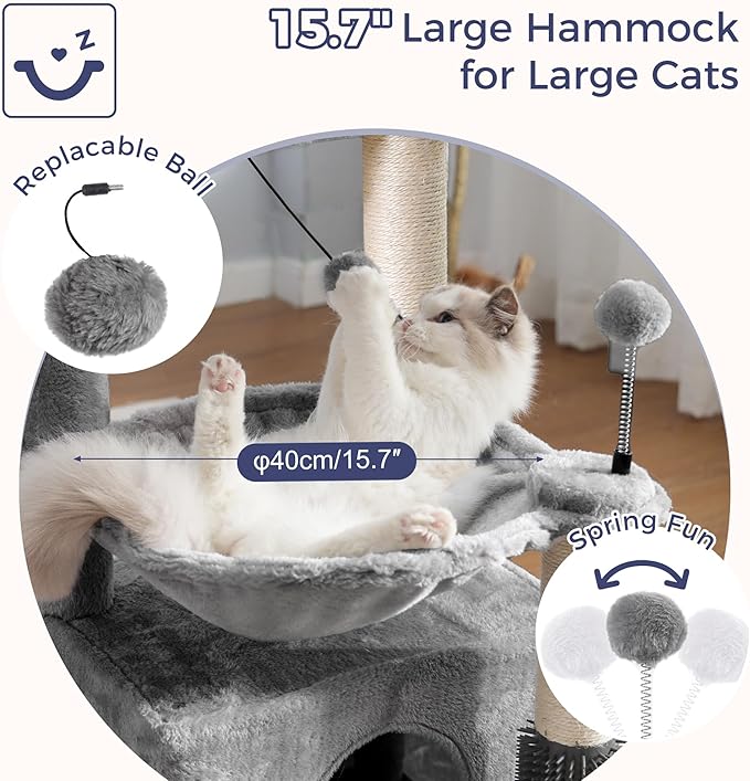 Cat Tree 32 Inches Small Cat Tower with Large Hammock Dia 15.7”,Self Groomer, Fully Scratching Post, Removable Top Bed and Wide Hideway Condo for Indoor Cats-Gray