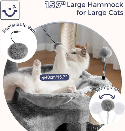 Cat Tree 32 Inches Small Cat Tower with Large Hammock Dia 15.7”,Self Groomer, Fully Scratching Post, Removable Top Bed and Wide Hideway Condo for Indoor Cats-Gray