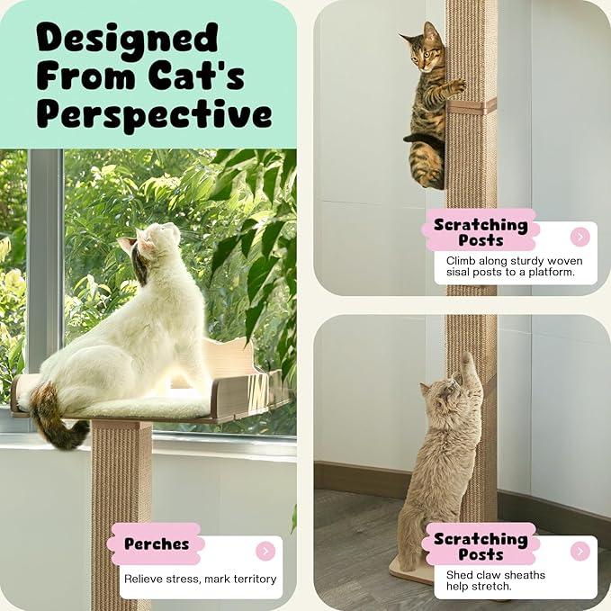 Cat Window Perch with Thick Sisal Scratching Post, Cat Hammock for Window, 53.5" Adjustable Tall Cats Scratching Post with 2 Upgrade Suction Cups, Cats Window Bed with Fluffy Cushion, Jute
