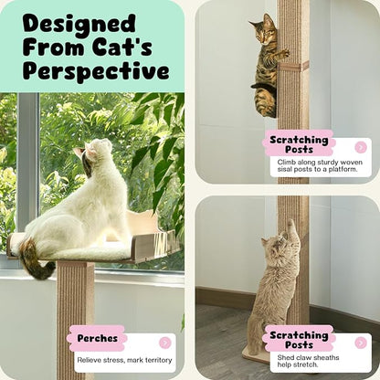 Cat Window Perch with Thick Sisal Scratching Post, Cat Hammock for Window, 53.5" Adjustable Tall Cats Scratching Post with 2 Upgrade Suction Cups, Cats Window Bed with Fluffy Cushion, Jute