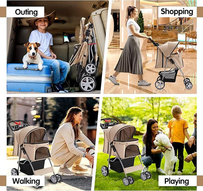 Pet Stroller, 4 Wheels Pet Strolling Cart for Medium/Small Dogs and Cats, Foldable Cat Jogger/Dog Stroller with Cup Holder, Storage Basket, Breathable Mesh, All-Season Pet Carrier, Khaki