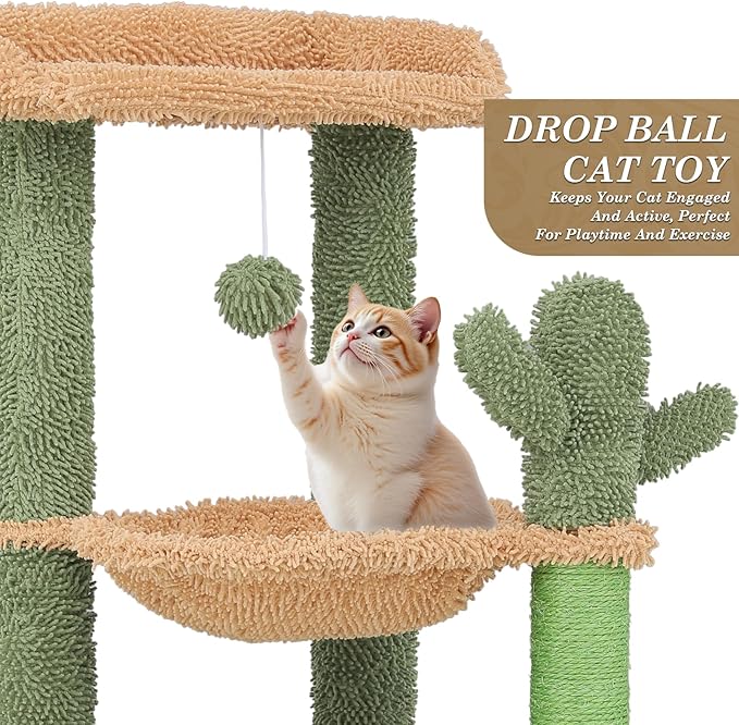 Athena Collection Small Cat Tree Tower with Scratching Post, 33.5 Inch Modern Cute Cat Tree Condo with Cozy Perch Hammock Hanging Ball for Kittens Indoor, Cactus Shade, Light Green