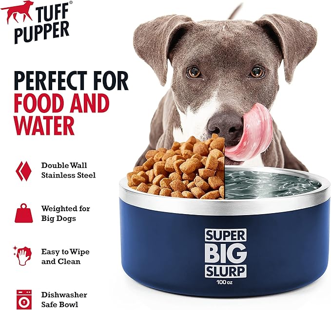 Tuff Pupper 100 oz Heavy Duty Insulated Stainless Steel Dog Bowl for Large Dogs, Non-Slip Base, Dishwasher Safe