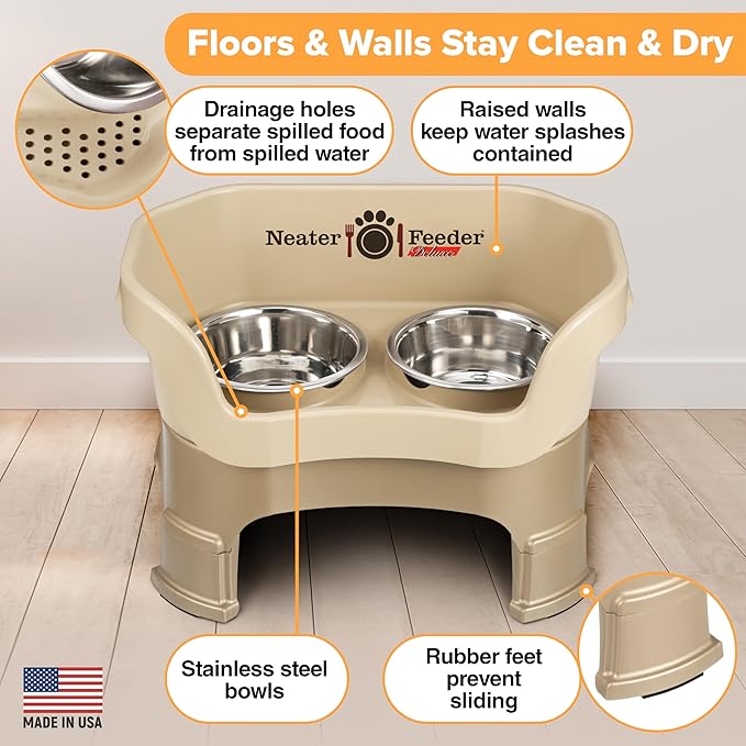 Neater Feeder Deluxe Mess Proof Dog Bowls Elevated for Medium Sized Breeds – Made in USA – No Spill Raised Slow Feeder Elevated Dog Bowl Stand, Stainless Steel Food and Water Bowl Set, Cappuccino