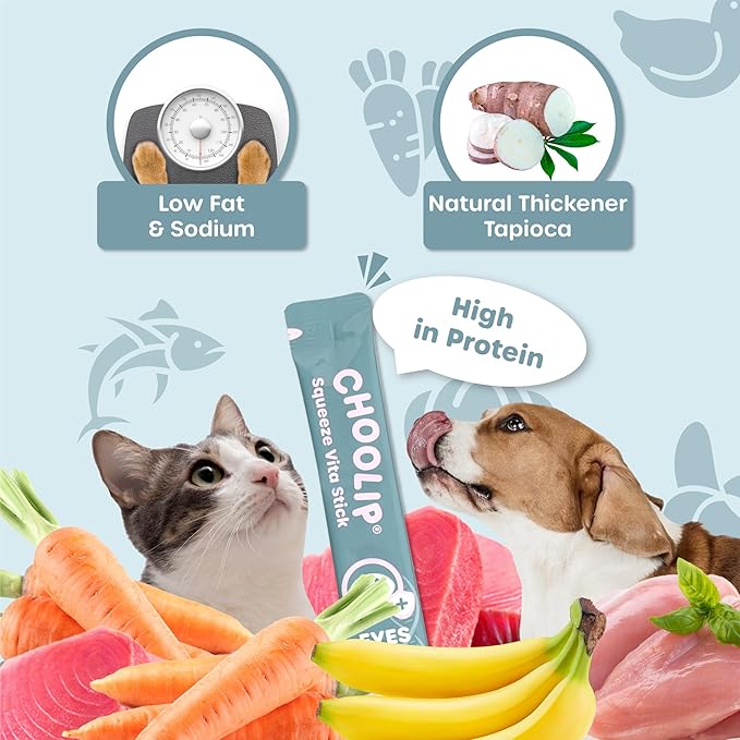 Choolip Squeeze Vita Stick Lickable Cat Treats & Dog Puree – 7-Count Eye Support Tubes, Creamy Grain-Free High-Protein Puree with Lutein, Astaxanthin & Omega 3 for Healthy Vision & Eye Care