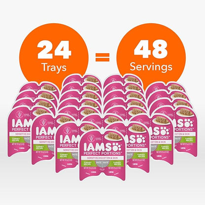 IAMS Perfect Portions Sensitive Digestion & Skin Adult Wet Cat Food Pate, Turkey Recipe, 2.6 oz. Easy Peel Twin-Pack Trays (24 Count, 48 Servings)