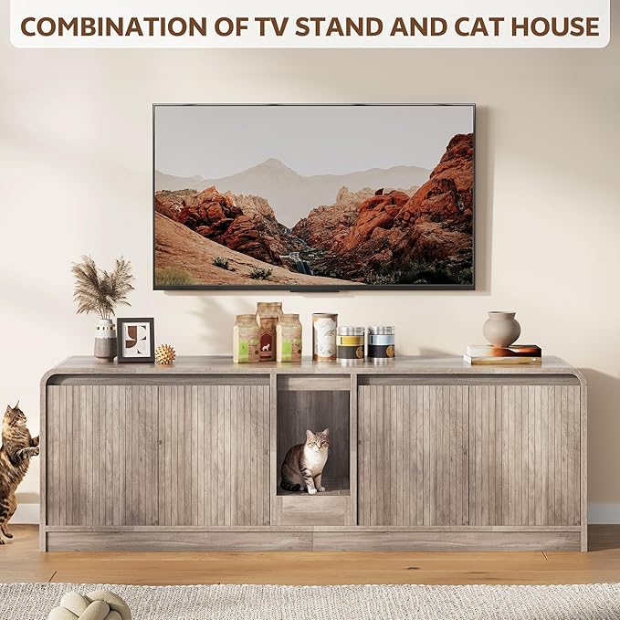 Cat Litter Box Enclosure with Litter Collector, 59'' Double Litter Box Enclosure for 2 Cats, Hidden Litter Box Furniture for Indoor Cats Large Adult, Cat House, Side Table, TV Stand, Grey