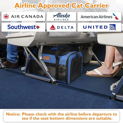 PETUX TSA Approved Pet Carrier in Cabin - 17"x11"x9.5", Underseat, Soft Sided Cat Carriers with Safety Zippers and Anti-Scratch Mesh for Small Cat up to 12 lb, Ideal for Travel and Vet Visit, Blue