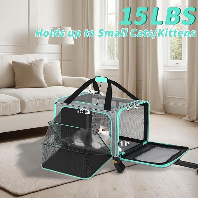 3-in-1 Pet Carrier with Wheels, 18" x 11" x 11" TSA Airline Approved, Cat Carrier on Wheels for Small Cats Up to 15Lbs, Rolling Pet Carrier, Cat Soft-Sided Bag for Flying, Travel & Vet(Not for Dogs)