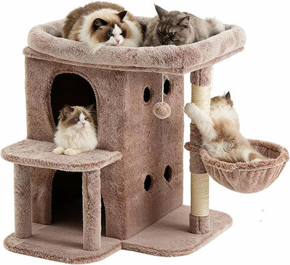 Heybly Cat Tree, 25.6-inch Cat Tower with Spacious Top Perch for Large Cats, Stair-Style Cat House Furniture with Dual-Layer Condos, Sisal Scratching Posts, Cozy Basket & Pompom, Muchroom HCT204SMU