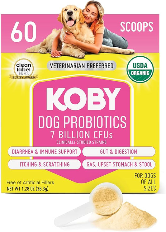 Koby Dog Probiotic Powder – Made with Clean USDA Organic Ingredients for Gut, Digestive, Skin & Immunity – Dog Food Topper - Vet Preferred Probiotics for Dogs of All Ages – 7 Billion CFUs, 60 Servings
