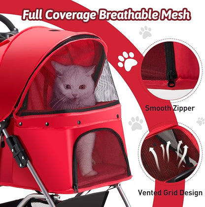 Azaeahom Pet Stroller, 4 Wheels Pet Strolling Cart for Medium/Small Dogs and Cats, Foldable Cat Jogger/Dog Stroller with Cup Holder, Storage Basket, Breathable Mesh, All-Season Pet Carrier, Red