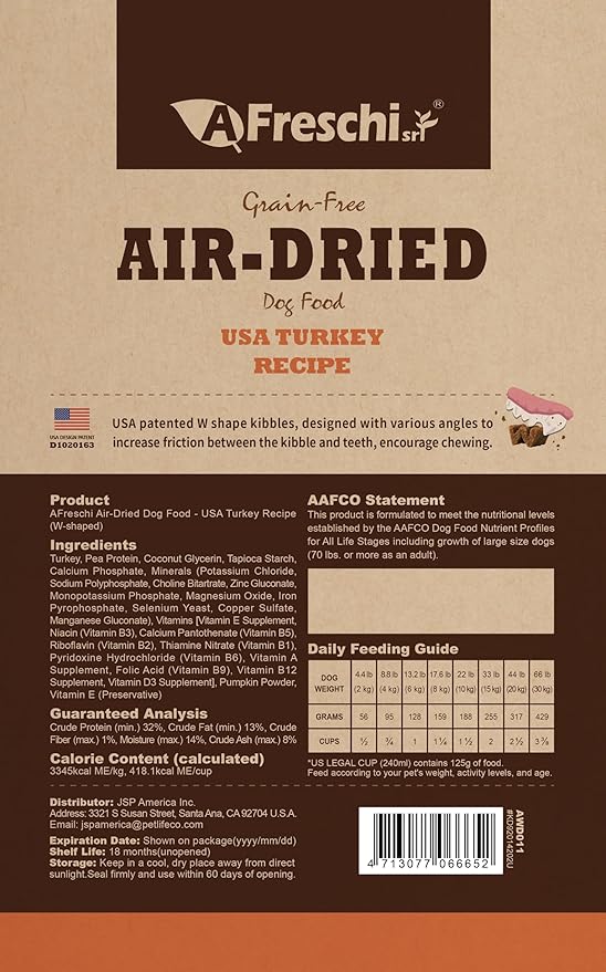 AFreschi Air-Dried Dog Food Turkey Recipe 2.2 lb, All-Natural, Complete & Balanced, Single-Animal Protein, Grain-Free, High-Protein, Limited Ingredients