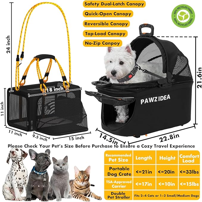 PAWZIDEA Double Pet Stroller with 2 Detachable Carriers, Portable Dog Crate for Car Travel & TSA-Approved Expandable Cat Carrier, Foldable Lightweight Jogger Stroller for 2–4 Cats or Small/Medium Dogs