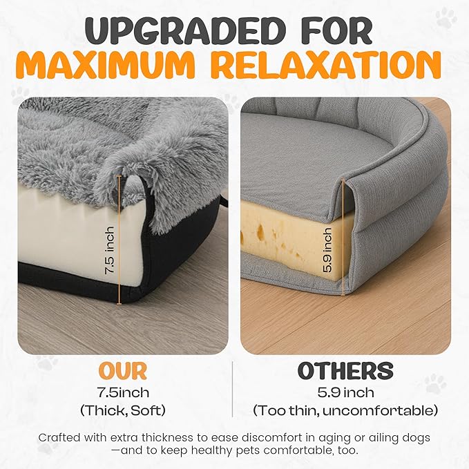 Fluffy Orthopedic Dog Bed for Large & Extra Large Dogs, Calming Plush Sofa Bed with Curved Bolster Support and Egg-Crate Foam Base, 43" Cozy Oval Pet Donut Bed with Washable Cover, Gray