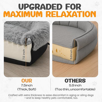 Fluffy Orthopedic Dog Bed for Large & Extra Large Dogs, Calming Plush Sofa Bed with Curved Bolster Support and Egg-Crate Foam Base, 43" Cozy Oval Pet Donut Bed with Washable Cover, Gray