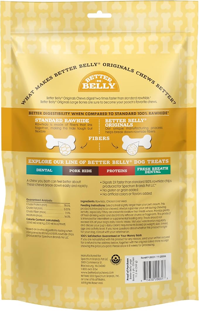 Better Belly Chicken Liver Rawhide Large Dog Bones, 2-Count